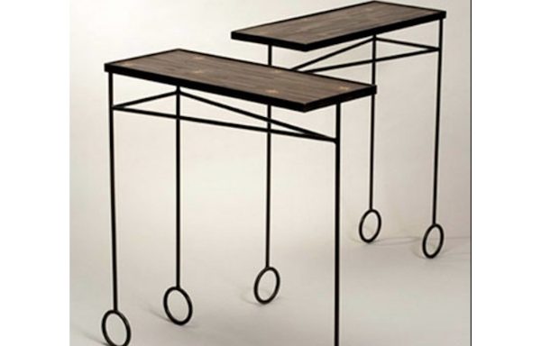 A pair of metal and stained paille consoles by Jean Royere. Circa 1950’s. 
